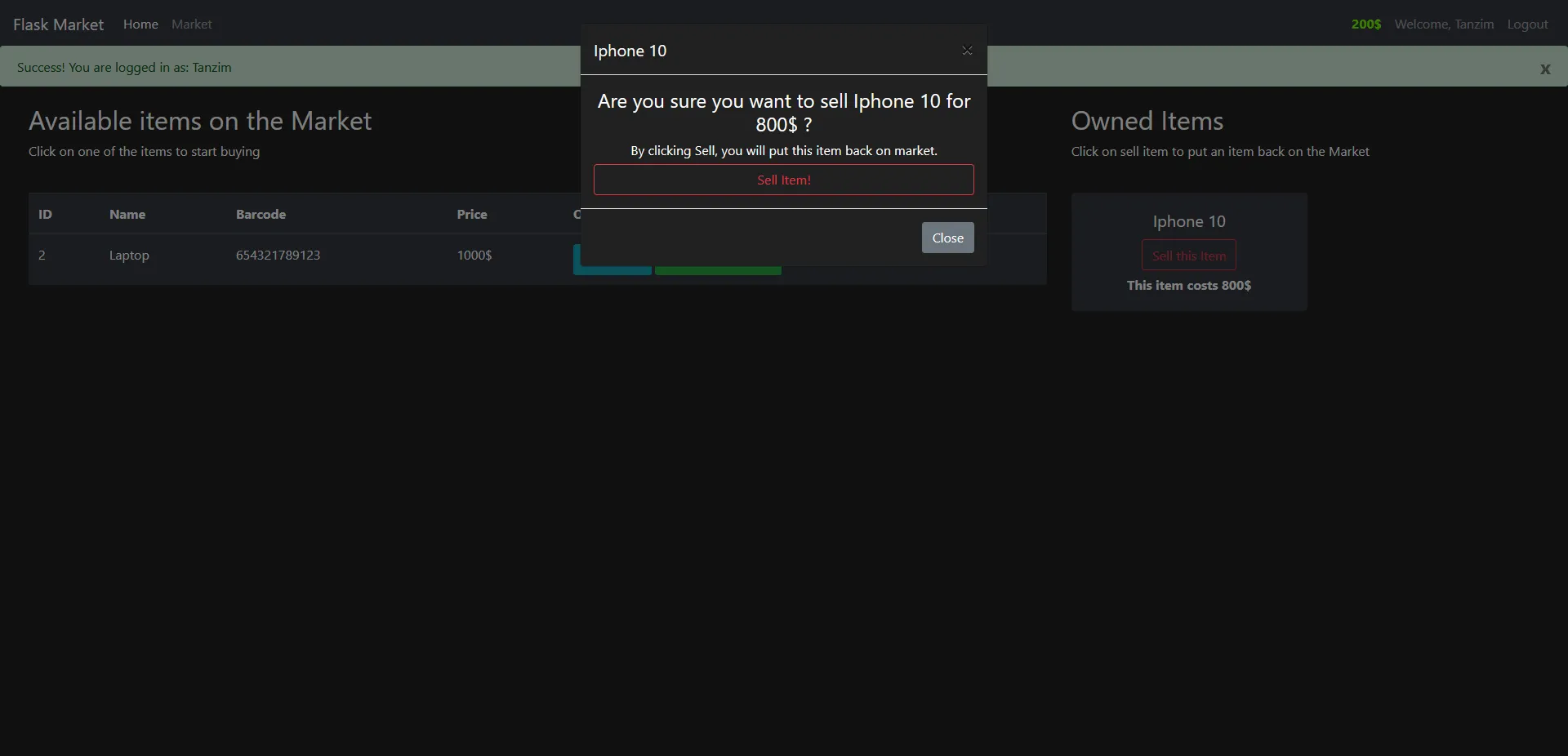 Flask Market - Transaction page
