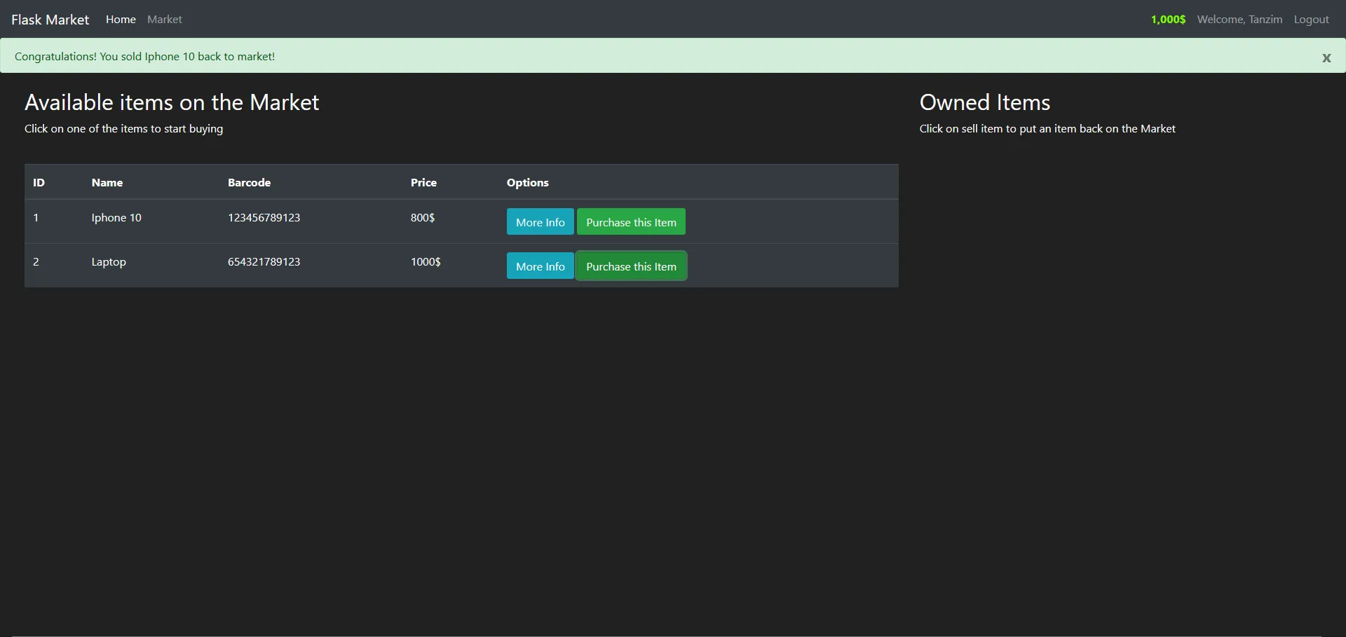 Flask Market - User dashboard
